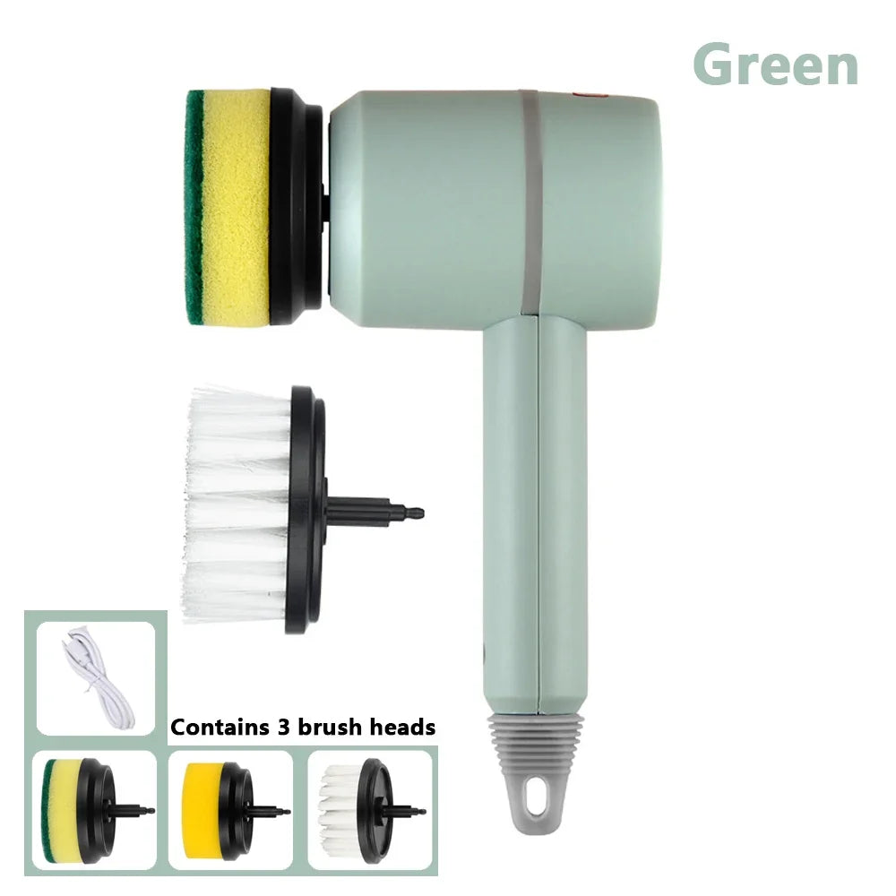 green Color Electric Cleaning Brush Scrubber – USB Rechargeable 3-in-1